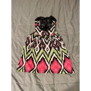 Maringue Womens Sleeveless Multicolor Zigzag Dress With Lace Top XS